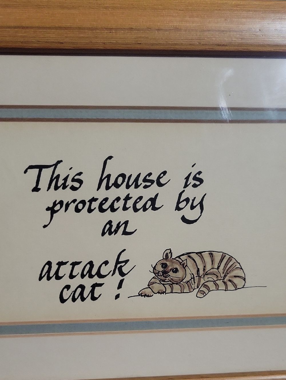 This House Is Protected by an Attack Cat Framed Wall Art - Natural Wood
